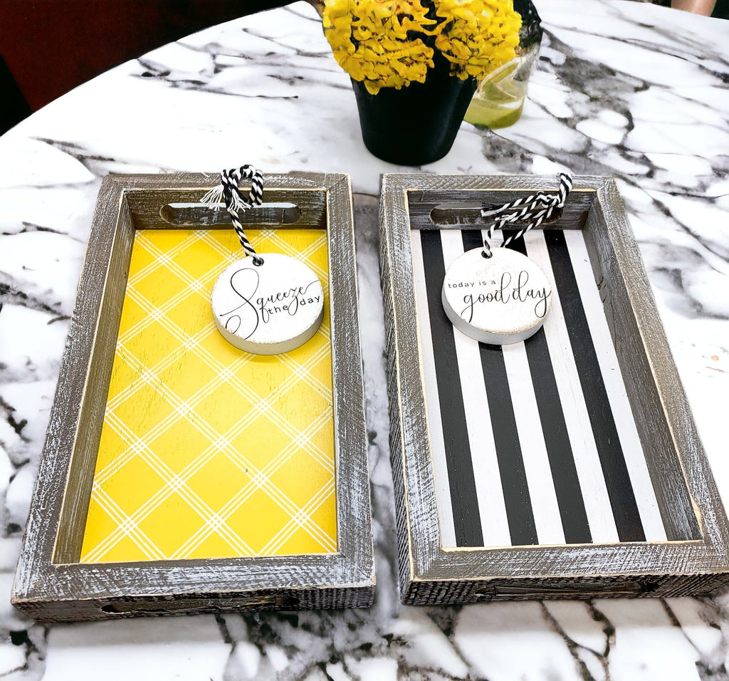 Farmhouse Modern Wooden Tray Black White Striped Decorative Serving Tray 10 x 6 x 1.5 Inch