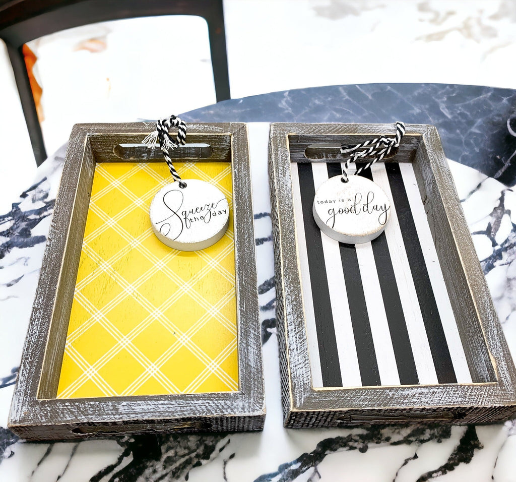 Farmhouse Modern Wooden Tray Black White Striped Decorative Serving Tray 10 x 6 x 1.5 Inch