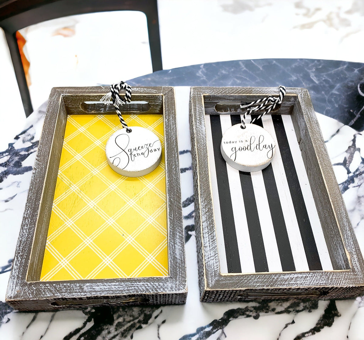Farmhouse Modern Wooden Tray Black White Striped Decorative Serving Tray 10 x 6 x 1.5 Inch