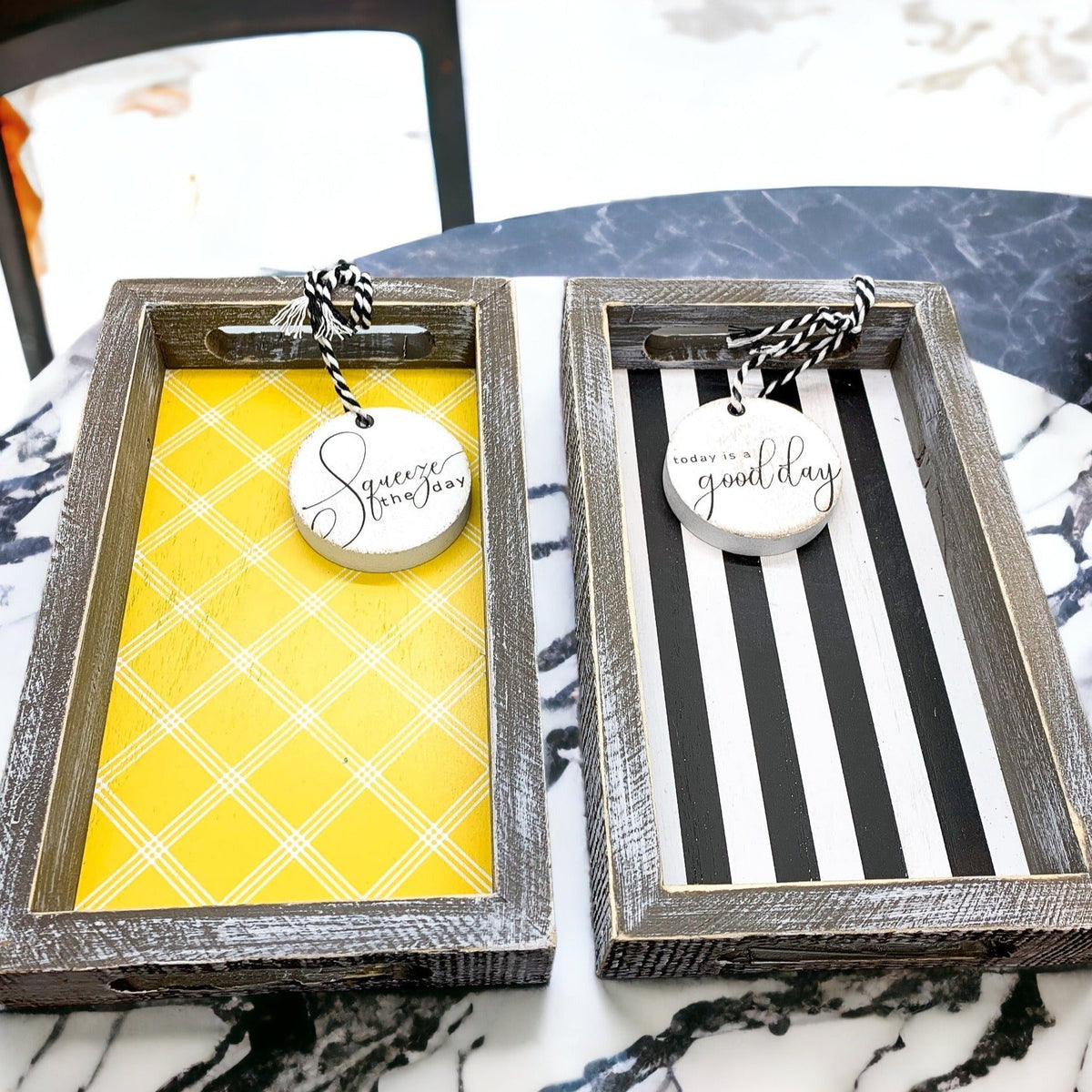 Handmade Wooden Serving Tray Yellow Striped Interior With Double Sided Lemon Ornament