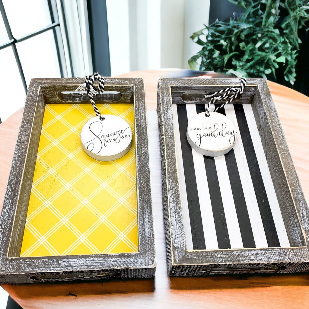 Handmade Wooden Serving Tray Yellow Striped Interior With Double Sided Lemon Ornament