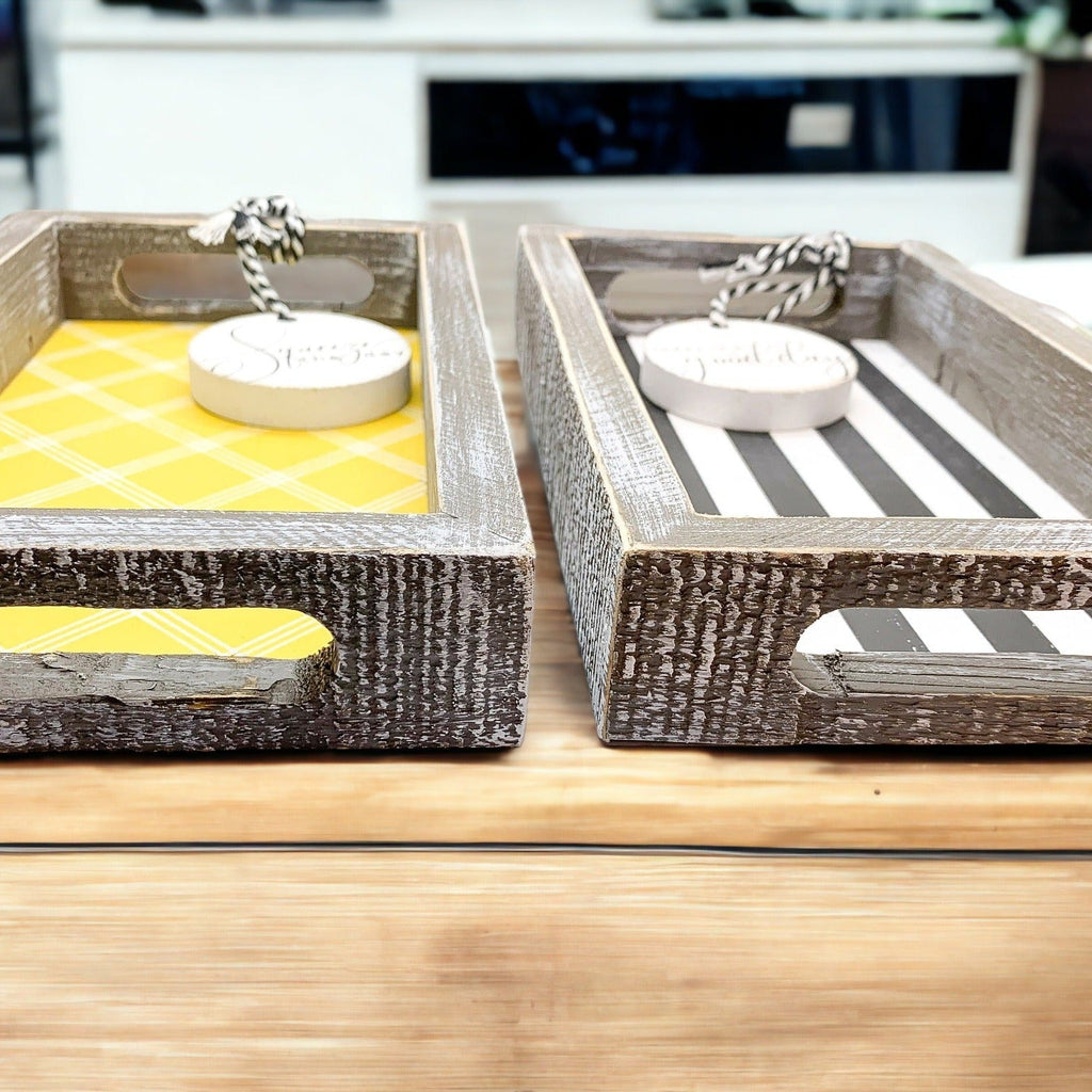 Handmade Wooden Serving Tray Yellow Striped Interior With Double Sided Lemon Ornament