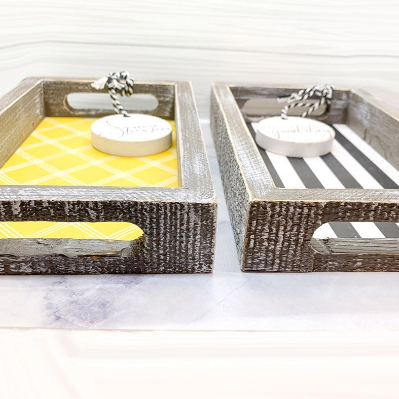 Handmade Wooden Serving Tray Yellow Striped Interior With Double Sided Lemon Ornament