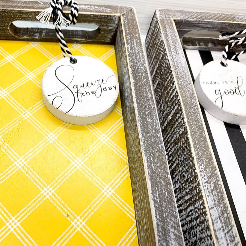 Handmade Wooden Serving Tray Yellow Striped Interior With Double Sided Lemon Ornament