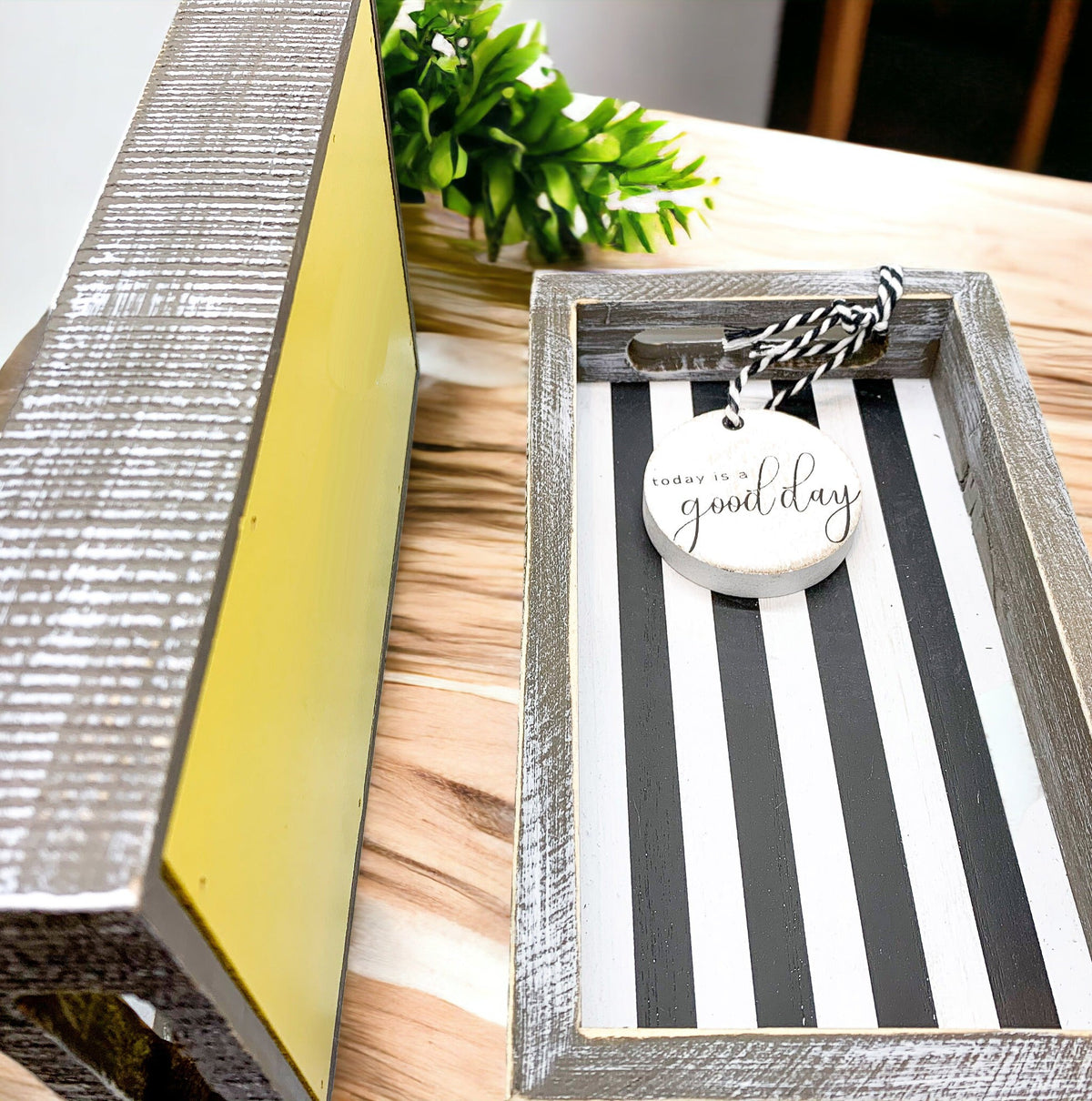 Farmhouse Modern Wooden Tray Black White Striped Decorative Serving Tray 10 x 6 x 1.5 Inch