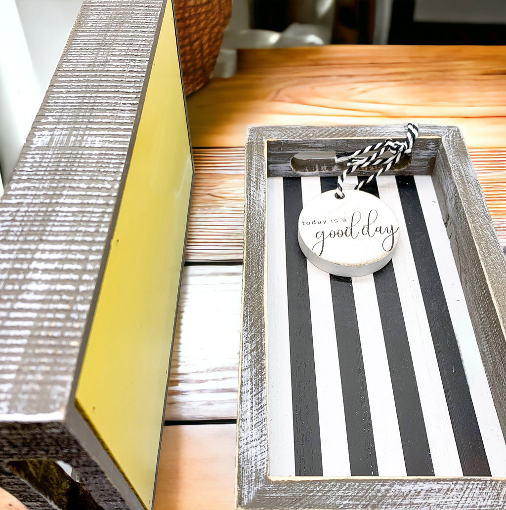 Farmhouse Modern Wooden Tray Black White Striped Decorative Serving Tray 10 x 6 x 1.5 Inch