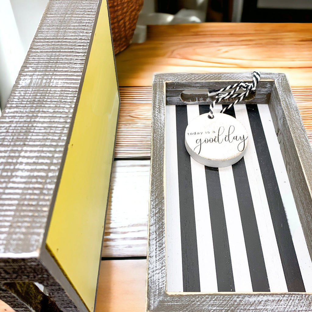 Handmade Wooden Serving Tray Yellow Striped Interior With Double Sided Lemon Ornament
