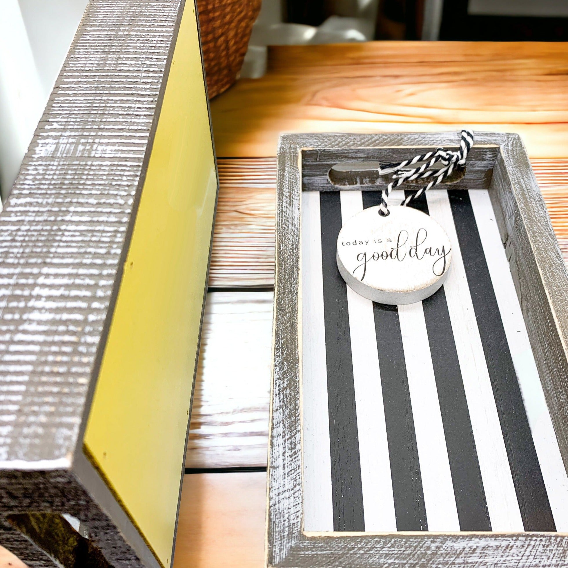 Handmade Wooden Serving Tray Yellow Striped Interior With Double Sided Lemon Ornament