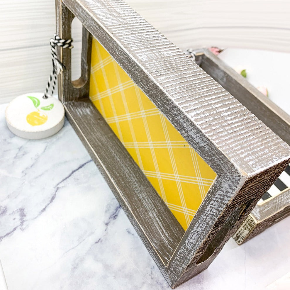 Handmade Wooden Serving Tray Yellow Striped Interior With Double Sided Lemon Ornament