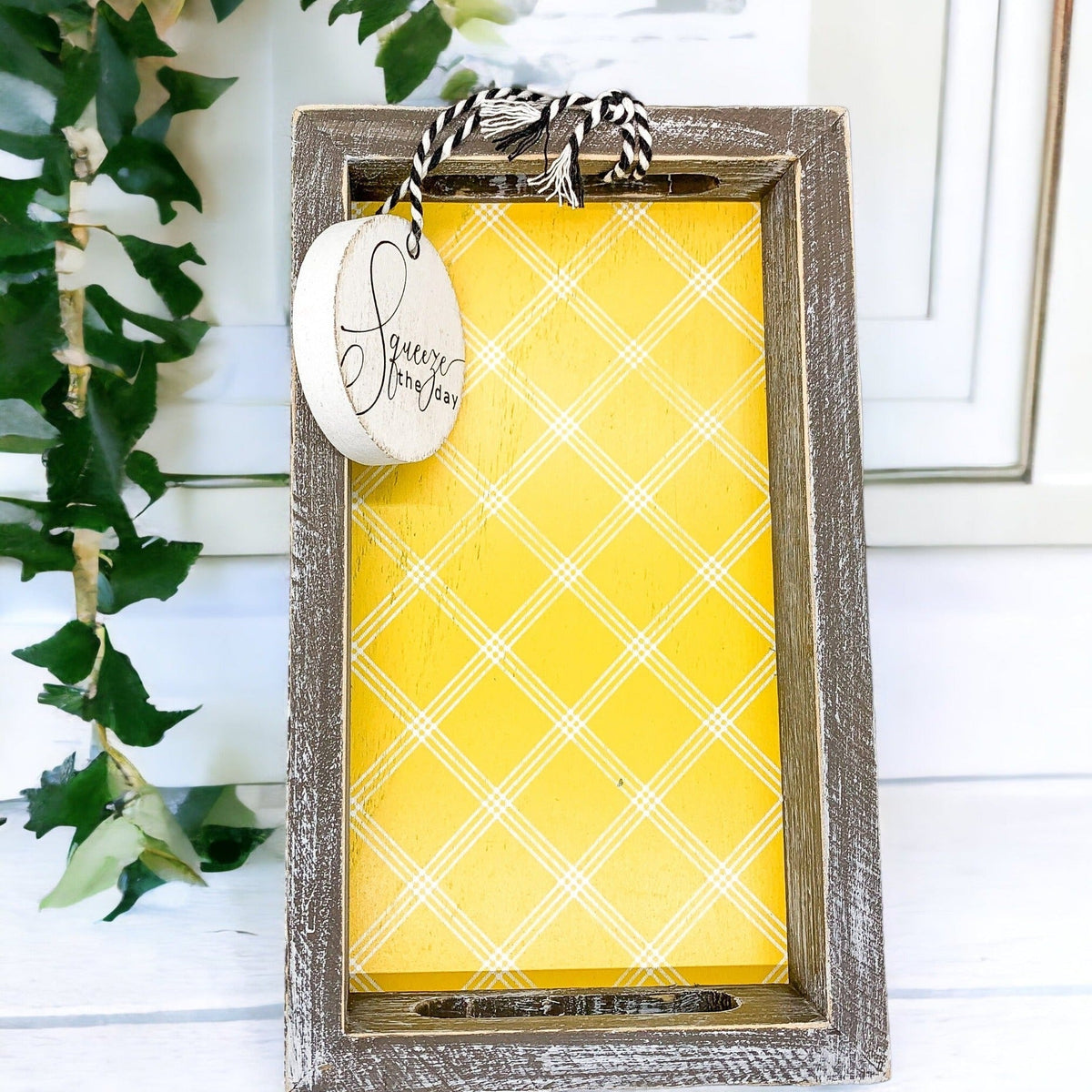 Handmade Wooden Serving Tray Yellow Striped Interior With Double Sided Lemon Ornament
