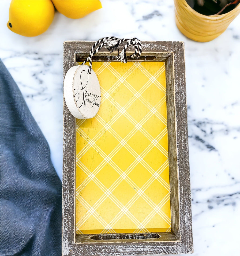 Handmade Wooden Serving Tray Yellow Striped Interior With Double Sided Lemon Ornament