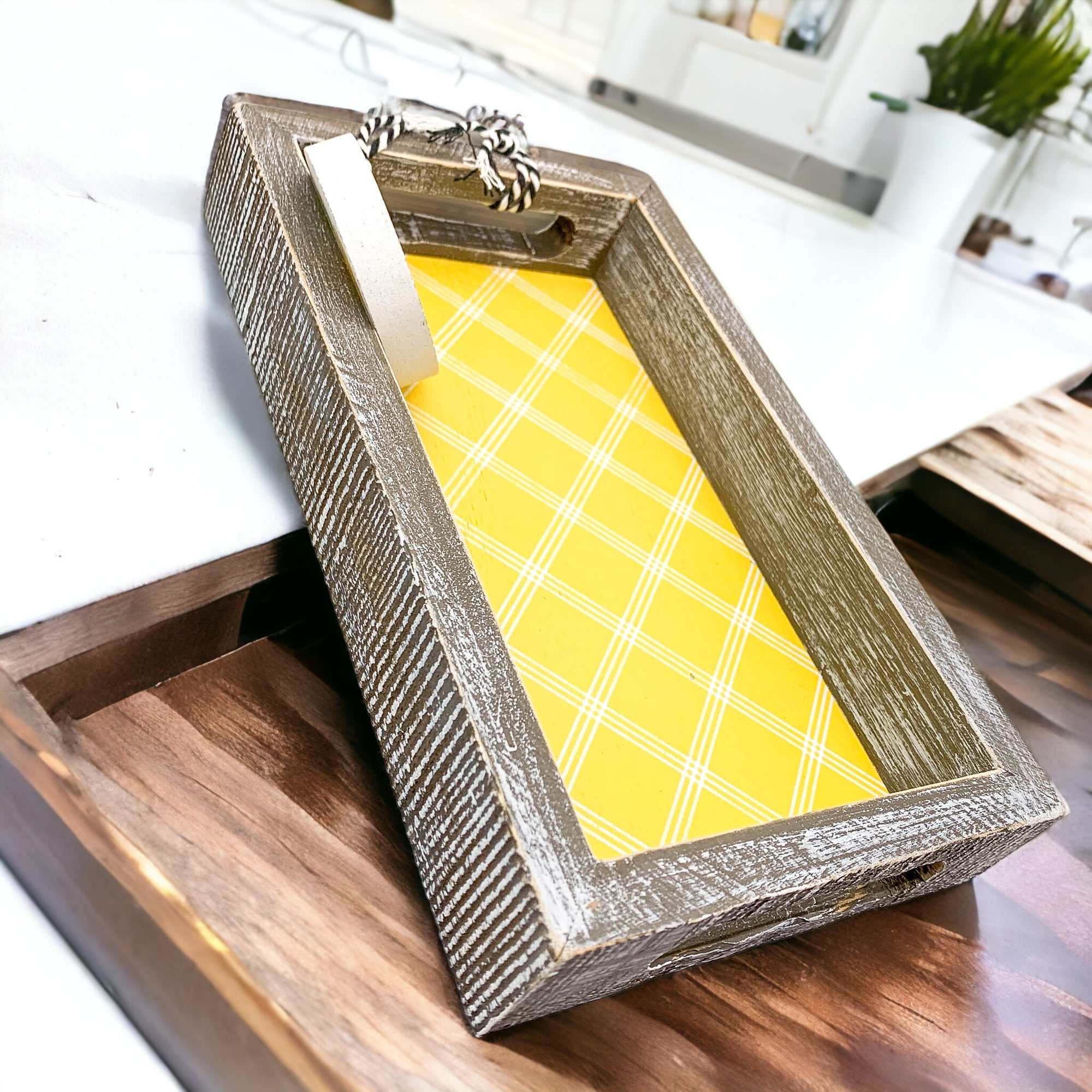 Handmade Wooden Serving Tray Yellow Striped Interior With Double Sided Lemon Ornament