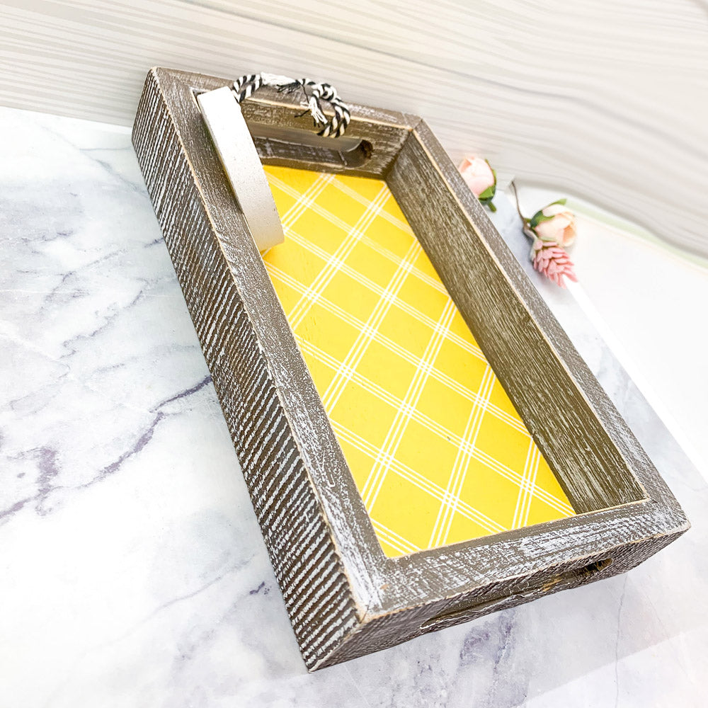 Handmade Wooden Serving Tray Yellow Striped Interior With Double Sided Lemon Ornament