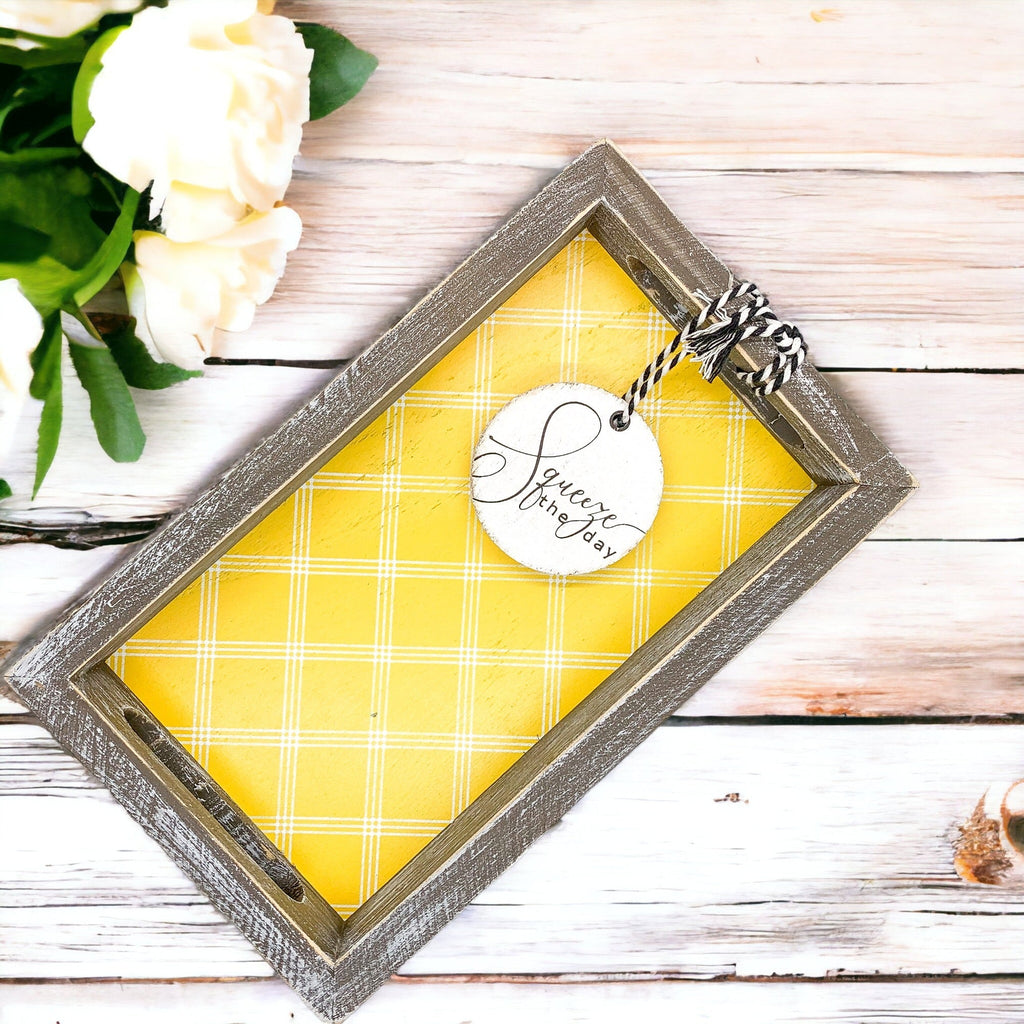 Handmade Wooden Serving Tray Yellow Striped Interior With Double Sided Lemon Ornament