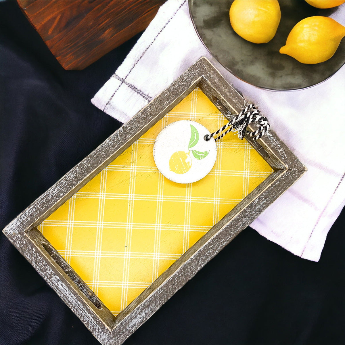 Handmade Wooden Serving Tray Yellow Striped Interior With Double Sided Lemon Ornament
