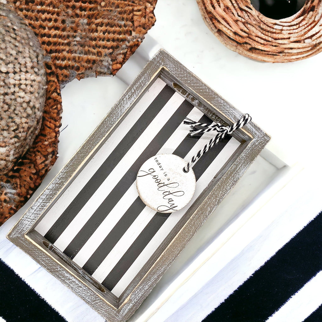 Farmhouse Modern Wooden Tray Black White Striped Decorative Serving Tray 10 x 6 x 1.5 Inch
