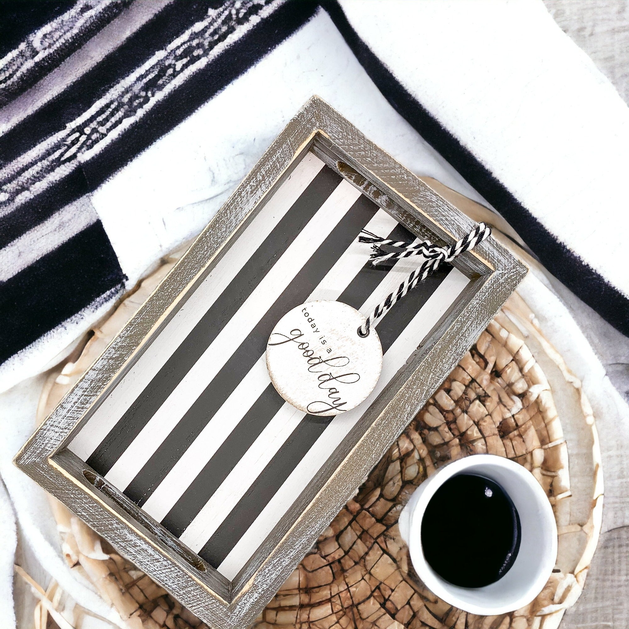 Farmhouse Modern Wooden Tray Black White Striped Decorative Serving Tray 10 x 6 x 1.5 Inch