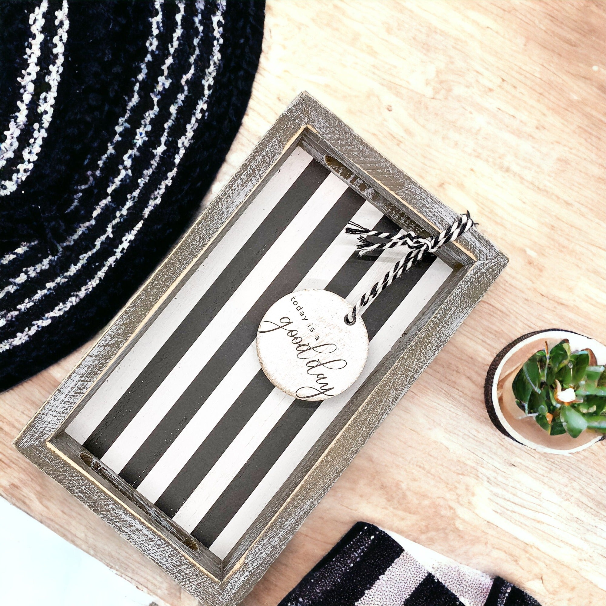 Farmhouse Modern Wooden Tray Black White Striped Decorative Serving Tray 10 x 6 x 1.5 Inch