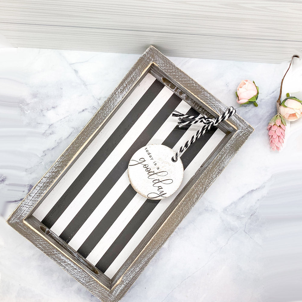 Farmhouse Modern Wooden Tray Black White Striped Decorative Serving Tray 10 x 6 x 1.5 Inch