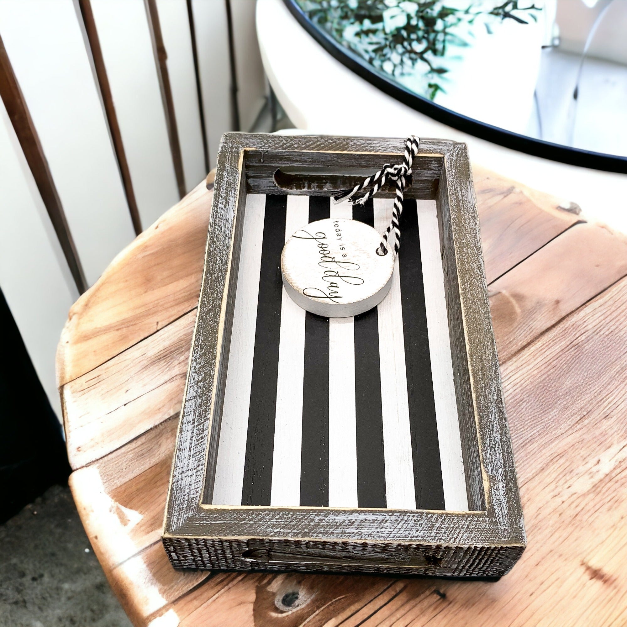 Farmhouse Modern Wooden Tray Black White Striped Decorative Serving Tray 10 x 6 x 1.5 Inch