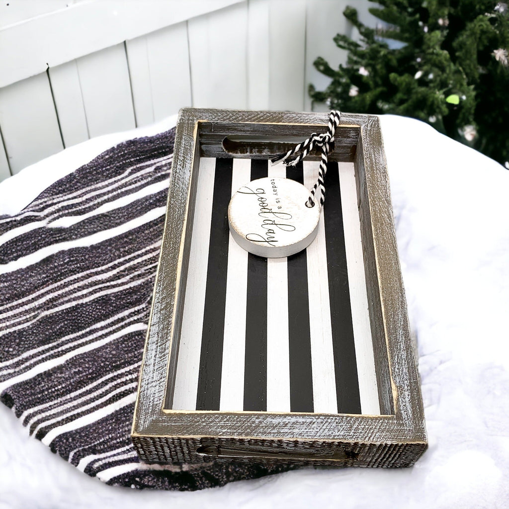 Farmhouse Modern Wooden Tray Black White Striped Decorative Serving Tray 10 x 6 x 1.5 Inch