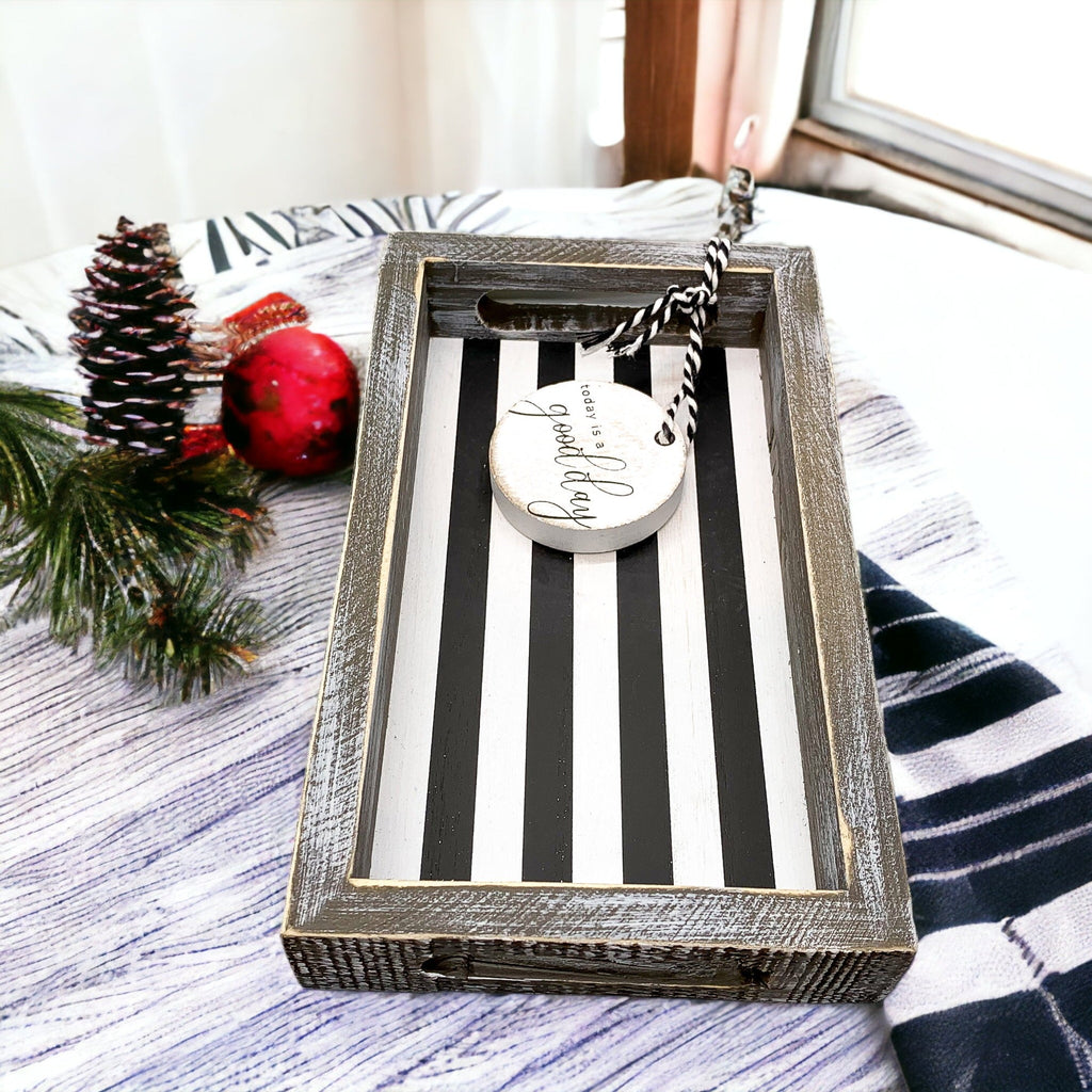 Farmhouse Modern Wooden Tray Black White Striped Decorative Serving Tray 10 x 6 x 1.5 Inch