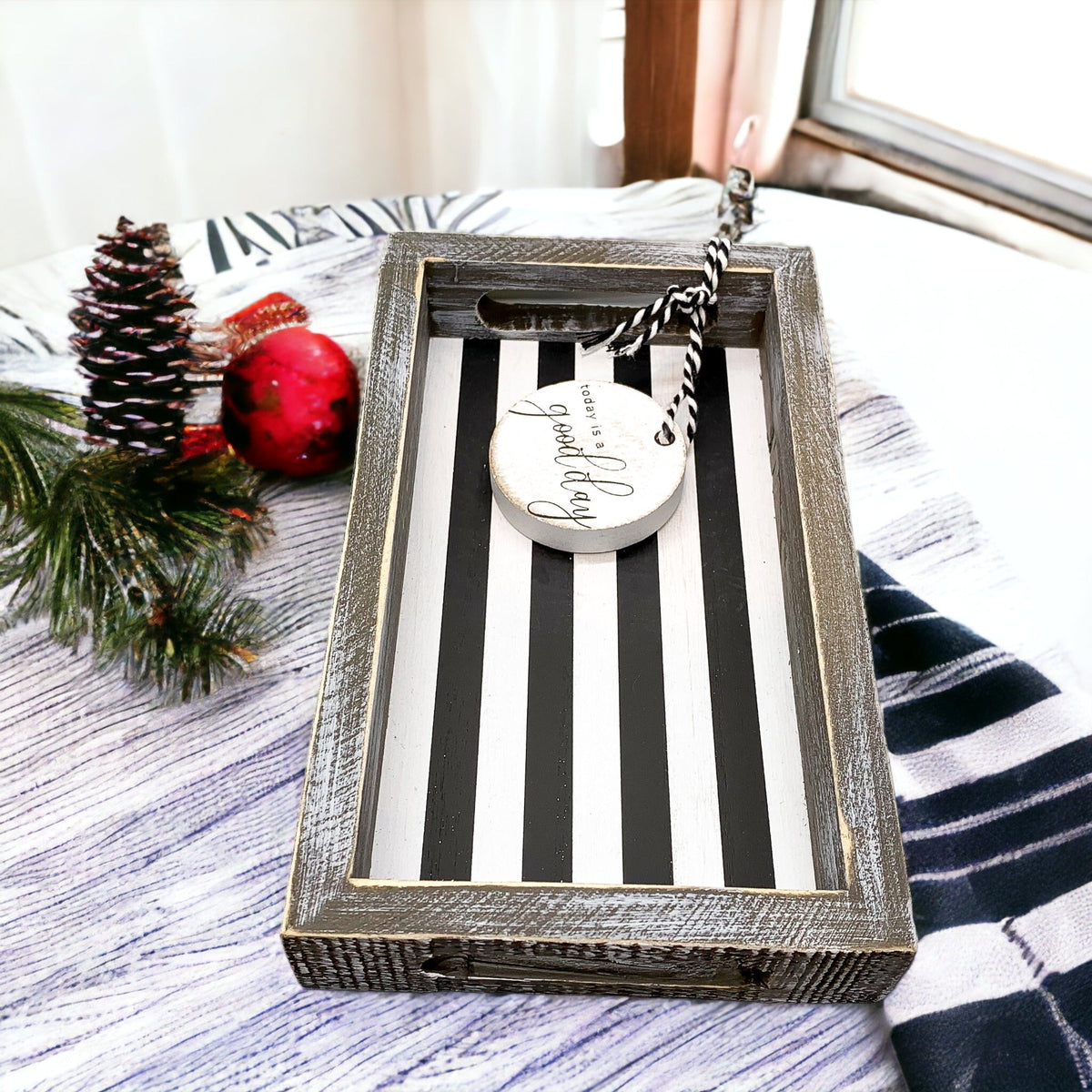 Farmhouse Modern Wooden Tray Black White Striped Decorative Serving Tray 10 x 6 x 1.5 Inch