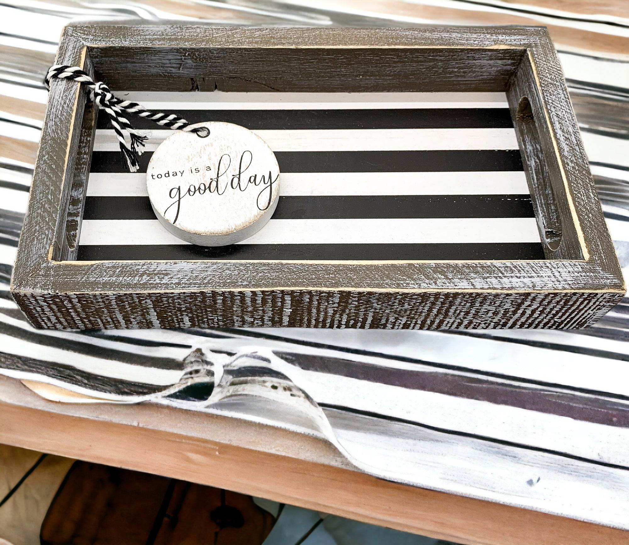 Farmhouse Modern Wooden Tray Black White Striped Decorative Serving Tray 10 x 6 x 1.5 Inch