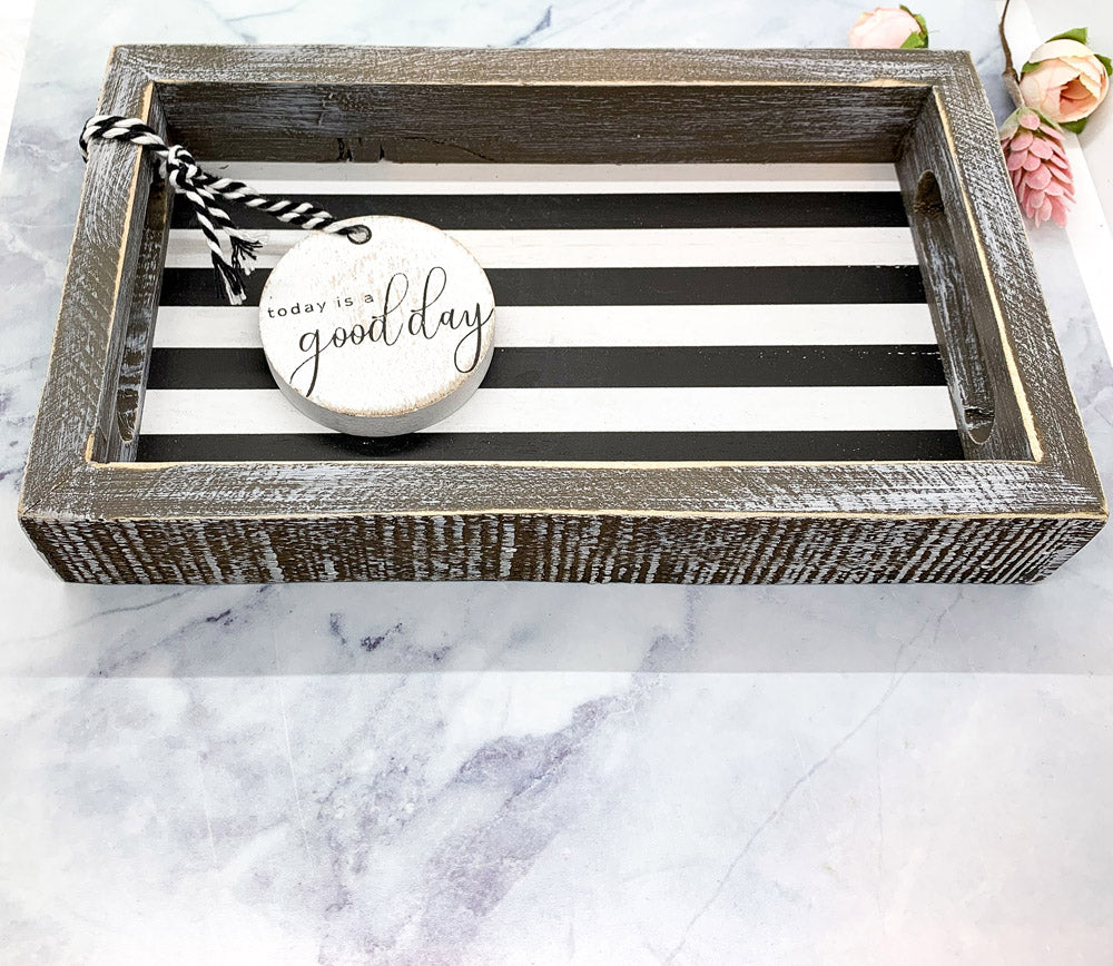 Farmhouse Modern Wooden Tray Black White Striped Decorative Serving Tray 10 x 6 x 1.5 Inch