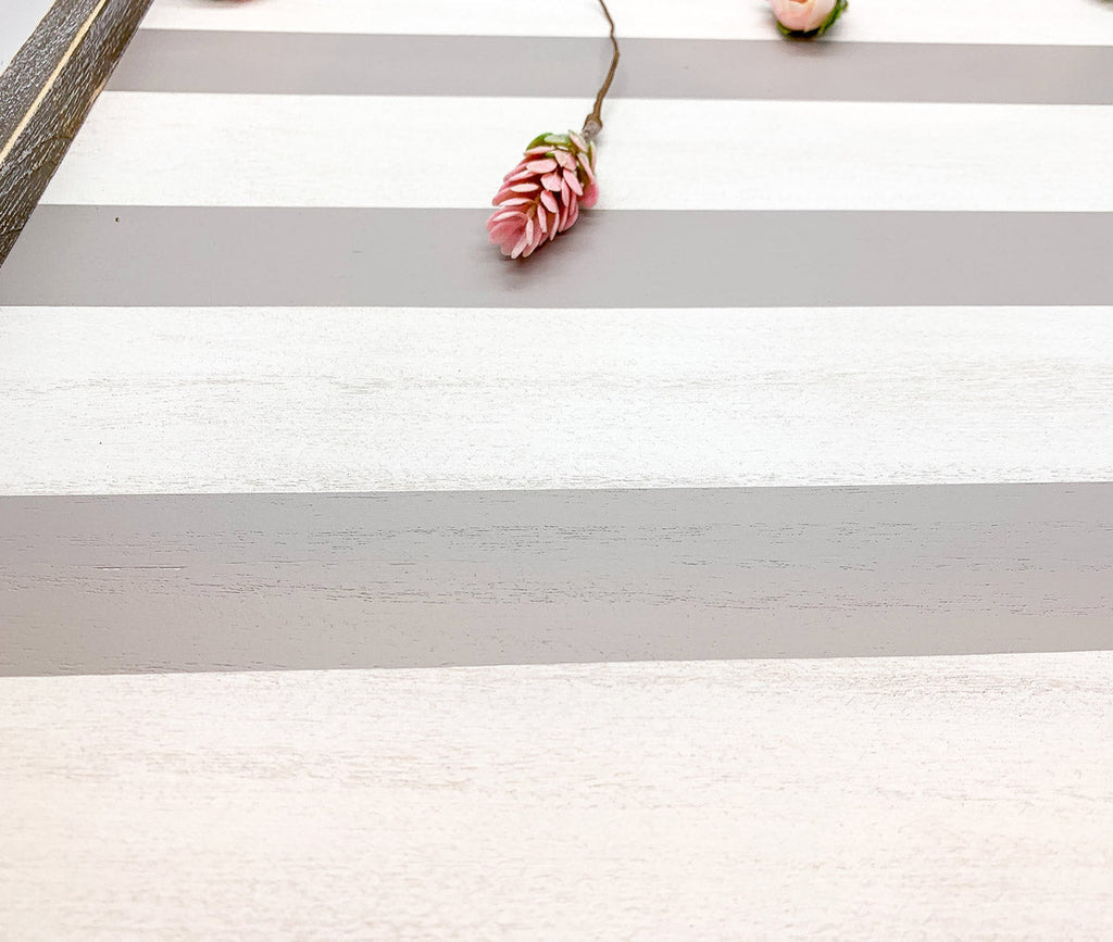 Gray White Striped Wooden Charger Tray 15x15x0.5 Inch Decorative Serving Tray Minimalist Home
