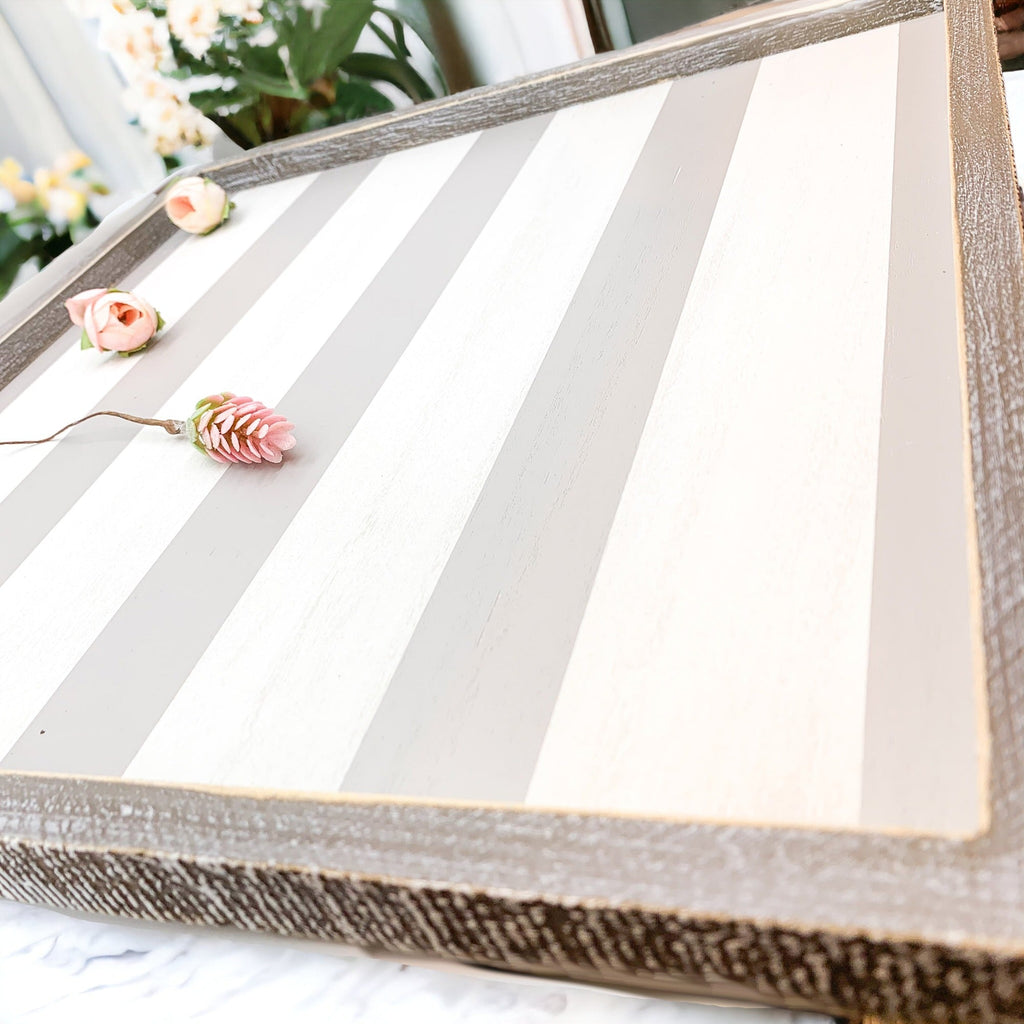 Gray White Striped Wooden Charger Tray 15x15x0.5 Inch Decorative Serving Tray Minimalist Home