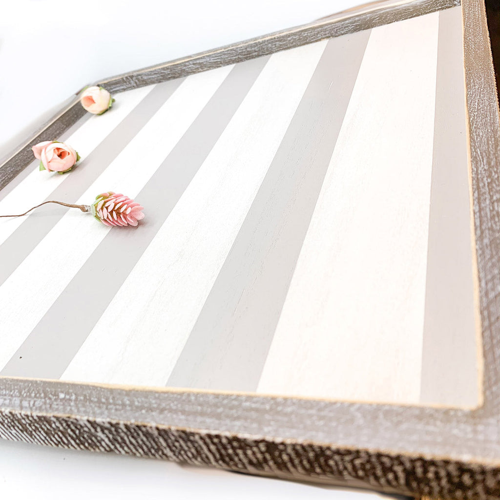 Gray White Striped Wooden Charger Tray 15x15x0.5 Inch Decorative Serving Tray Minimalist Home