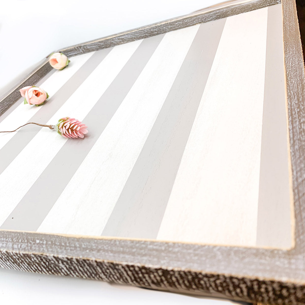 Gray White Striped Wooden Charger Tray 15x15x0.5 Inch Decorative Serving Tray Minimalist Home
