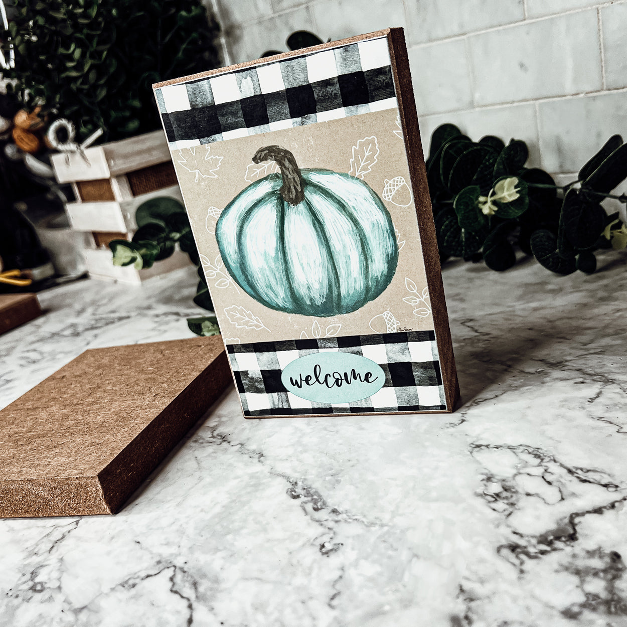 Teal Pumpkin Welcome Sign 6x4x1 Handmade Wood Halloween Gingham Accent