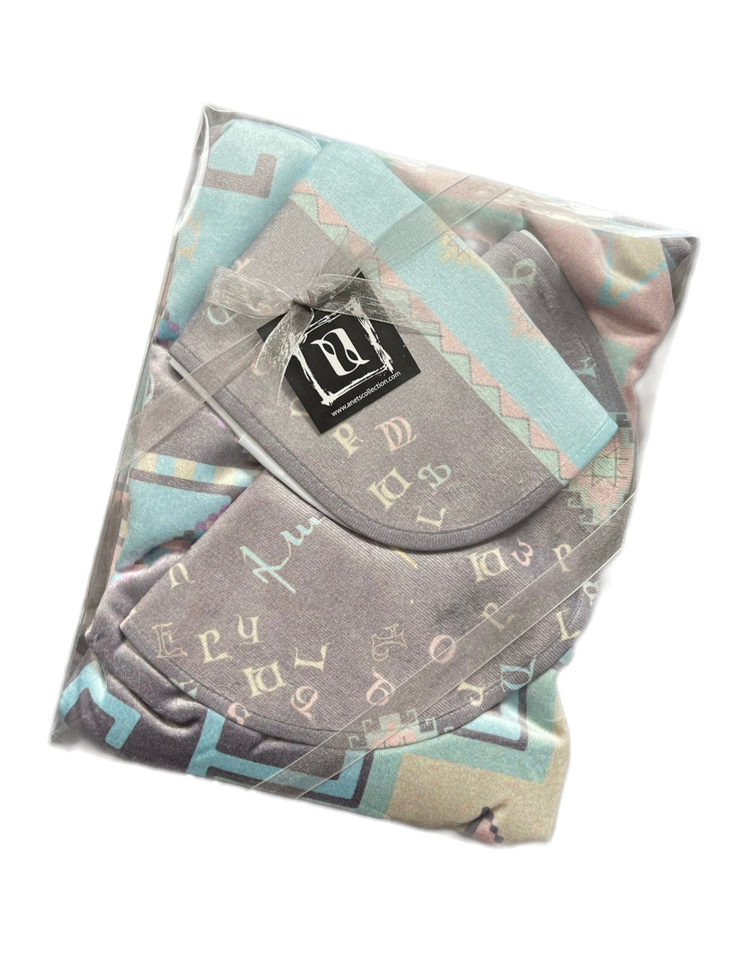 Armenian Alphabet Baby Set – Blanket, Bib and Burp Cloth