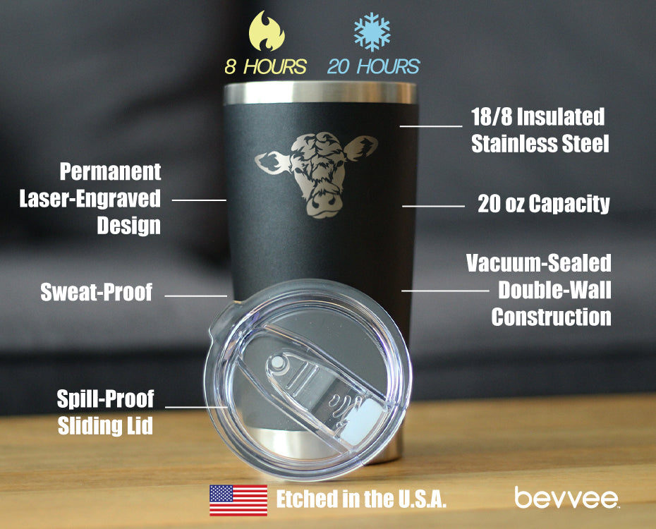 Cow Face - Insulated Coffee Tumbler Cup with Sliding Lid - Stainless Steel Travel Mug - Cow Gift for Women and Men