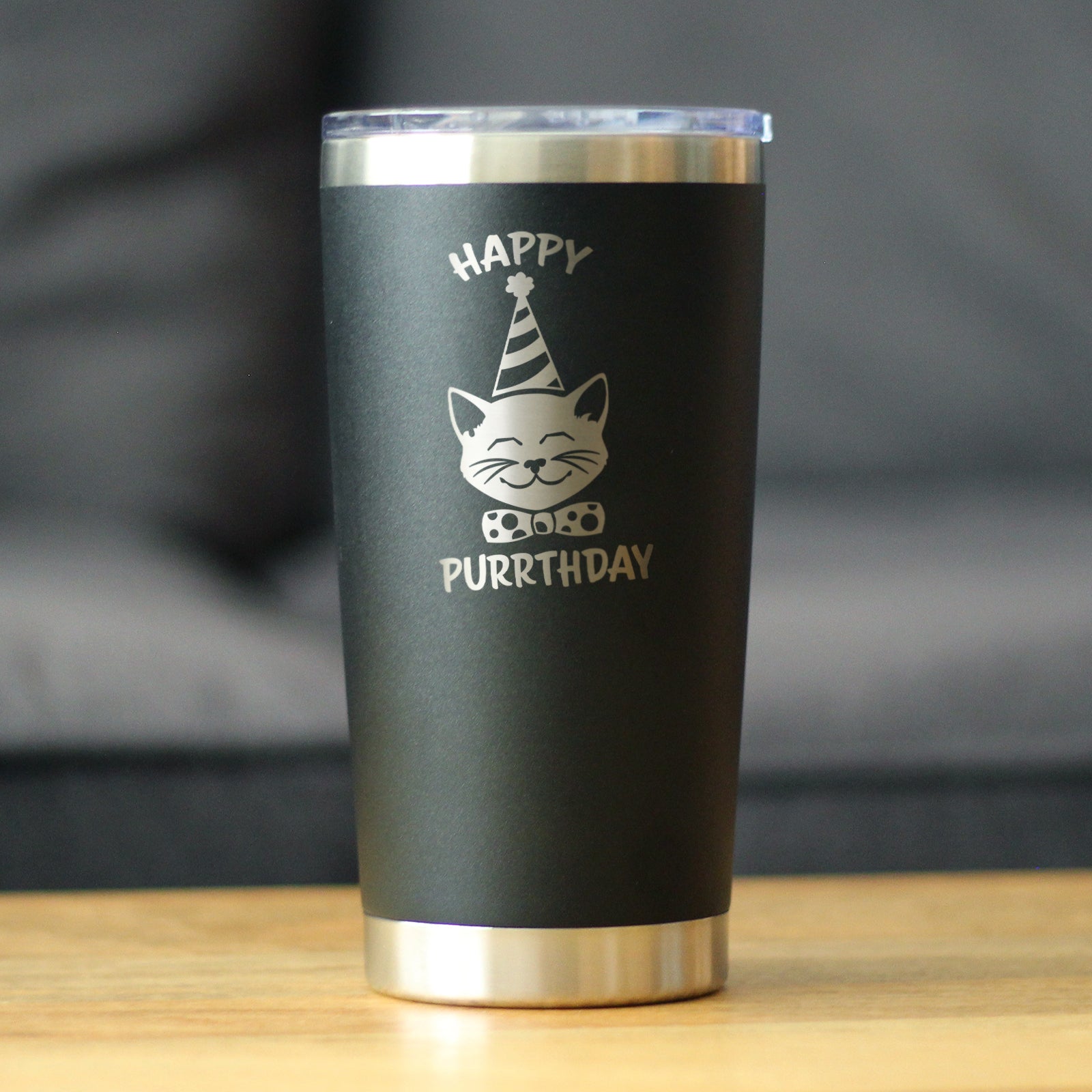 Happy Purrthday - Insulated Coffee Tumbler Cup with Sliding Lid - Stainless Steel Travel Mug - Unique Cat Birthday Gifts for Women and Men
