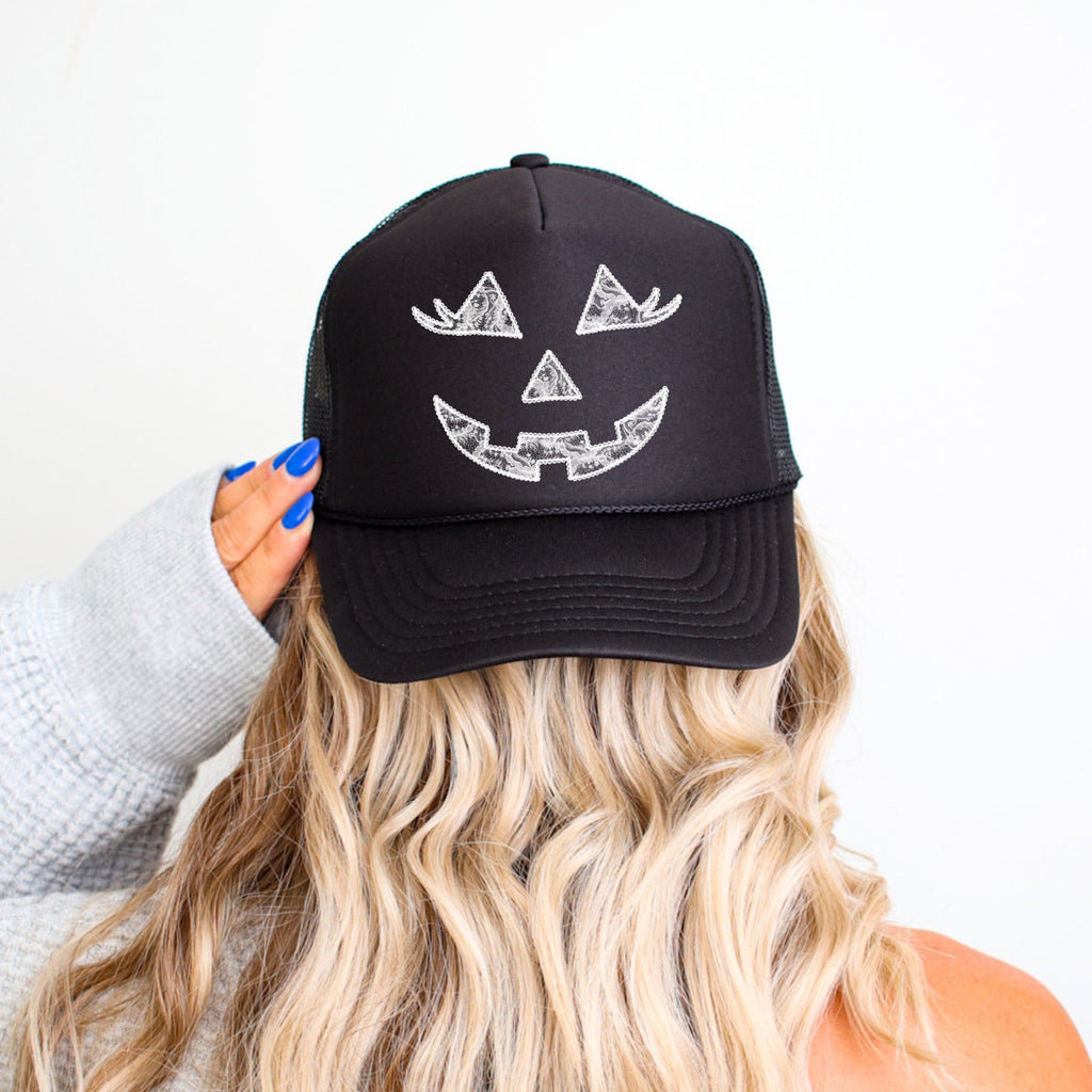 Jack-O-Lantern Faux Lace Halloween Motif With Spooky Silhouette In Vintage Style Trucker Hat