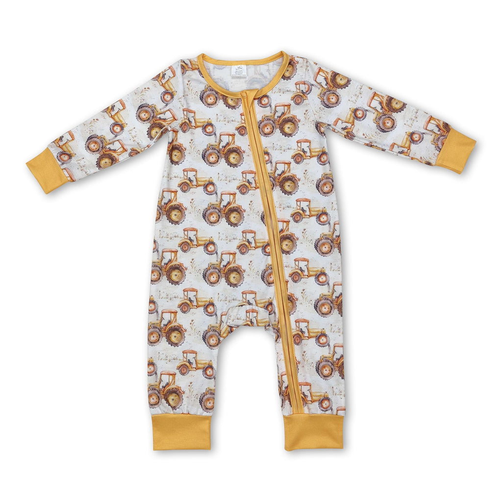 Yellow long sleeves tractor farm baby fall zipper romper