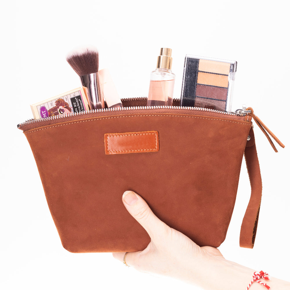 Luna Leather Makeup Bag – Genuine Leather Toiletry & Dopp Kit for Men & Women for Travel Elegance | Minimal & Handcrafted