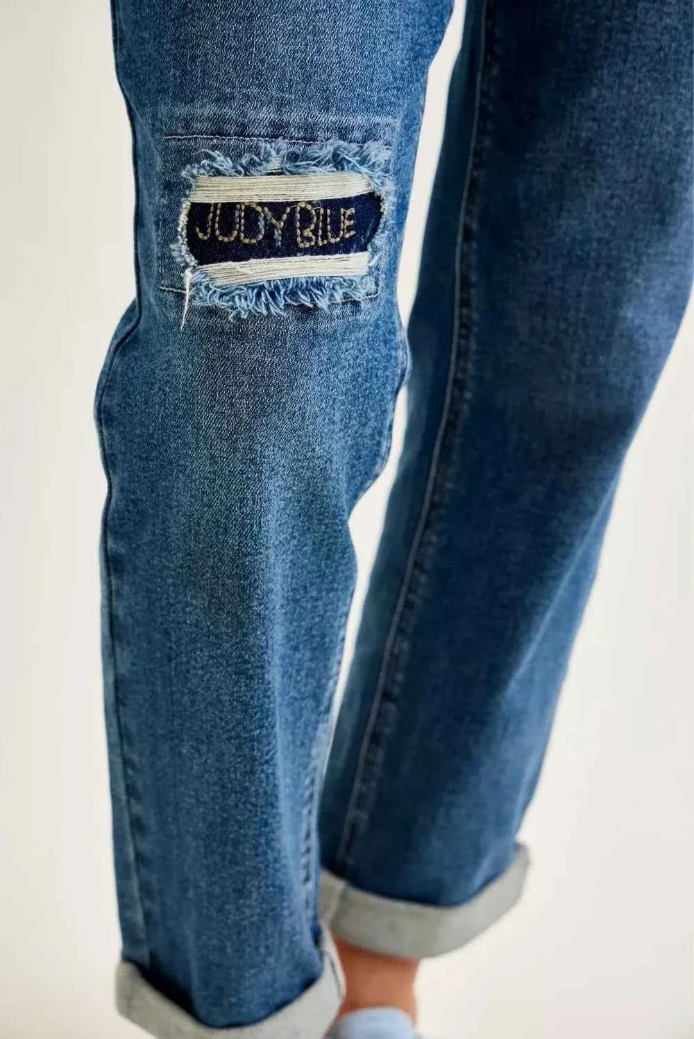 Medium Wash Mid Rise Boyfriend Embroidered Repair Patch Jeans by Judy Blue
