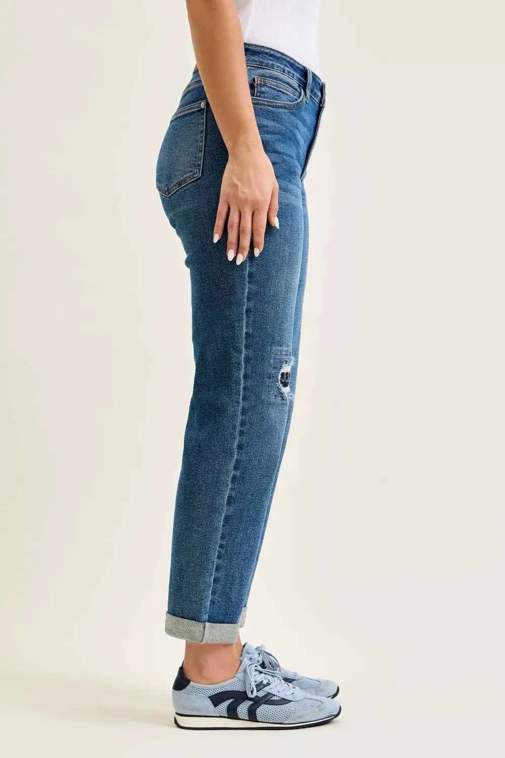 Medium Wash Mid Rise Boyfriend Embroidered Repair Patch Jeans by Judy Blue