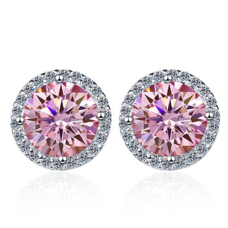 S925 Sakura Pink Moissanite Halo Stud Earrings, Sterling Silver D-Grade VVS Round-Cut Certificated Moissanite Jewelry for Men & Women