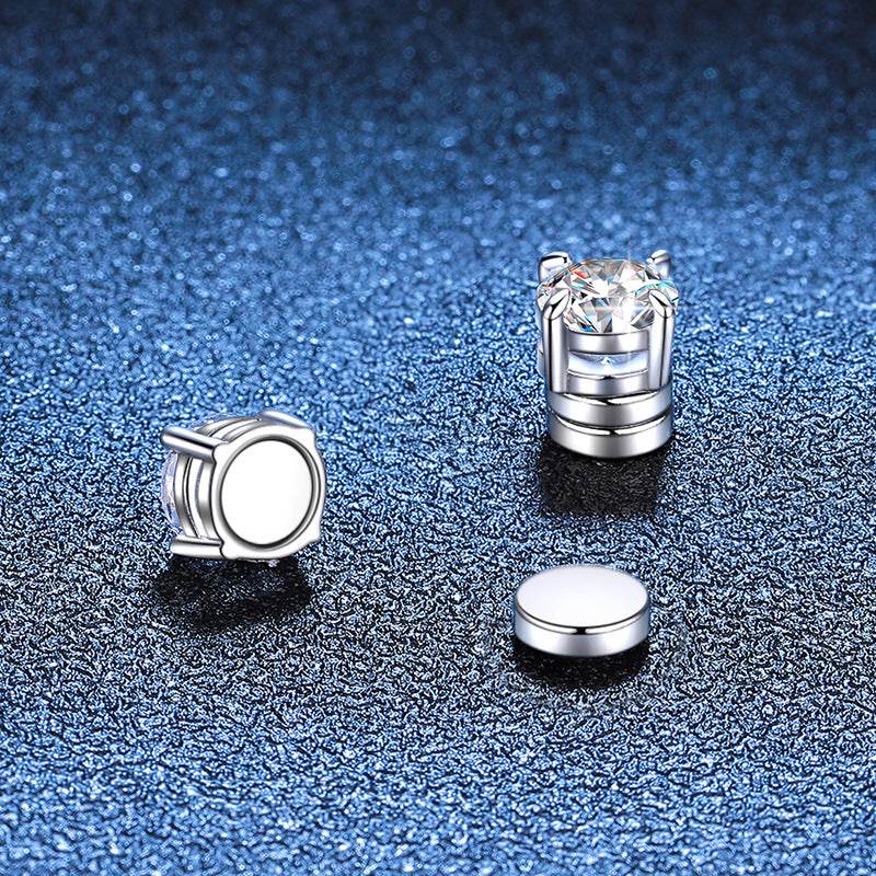 S925 Magnetic Moissanite / CZ Stud Earrings for Men Women, 1ct 6.5mm 4-Prong Round Cut, Inlaid Magnetic Earrings Non-Piercing Clip On Stud Earring