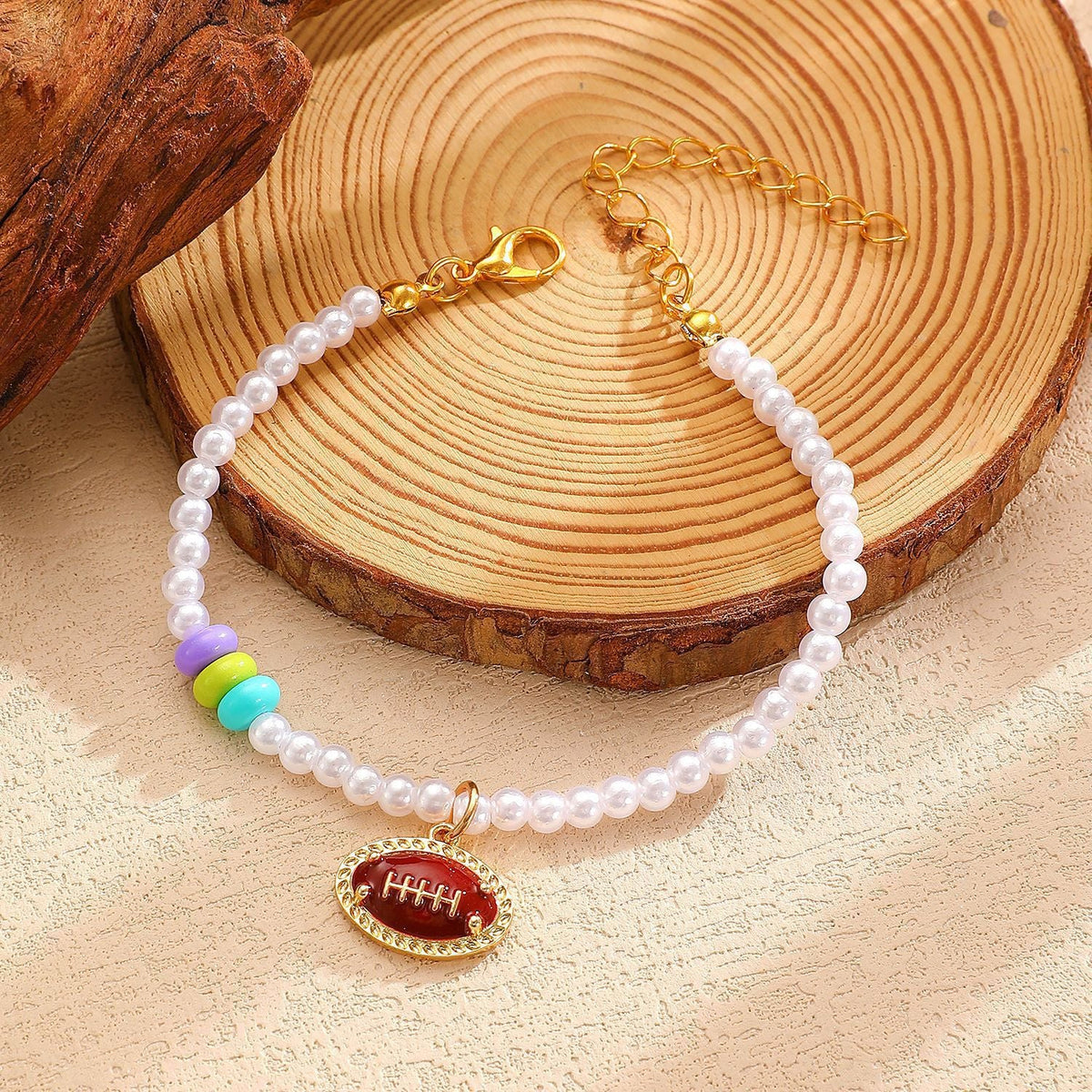 Sporty Soccer Football Rugby Pendant Pearl Beaded Necklace Bracelet Earrings Set