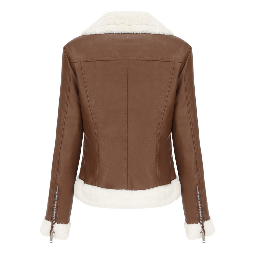Autumn and winter fleece leather women's warm long-sleeved lapel coat jacket