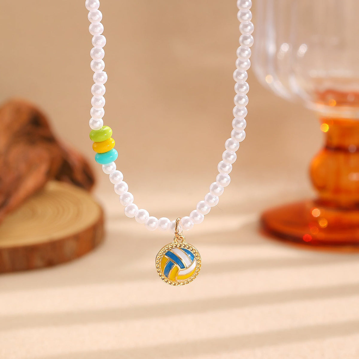 Sporty Soccer Football Rugby Pendant Pearl Beaded Necklace Bracelet Earrings Set