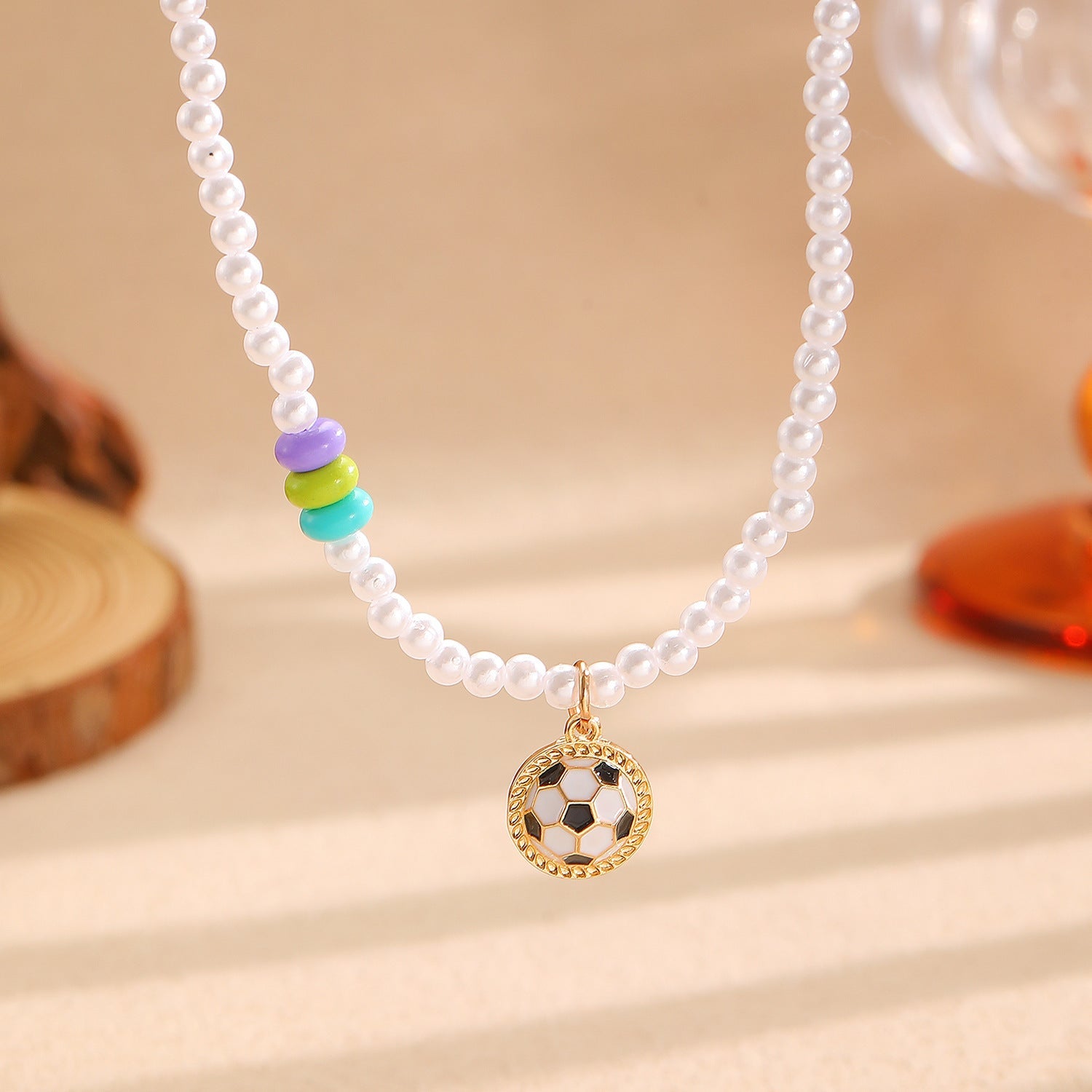 Sporty Soccer Football Rugby Pendant Pearl Beaded Necklace Bracelet Earrings Set