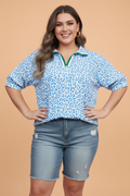 Plus Size Leopard Stripe V-Neck Short Sleeve Blouse