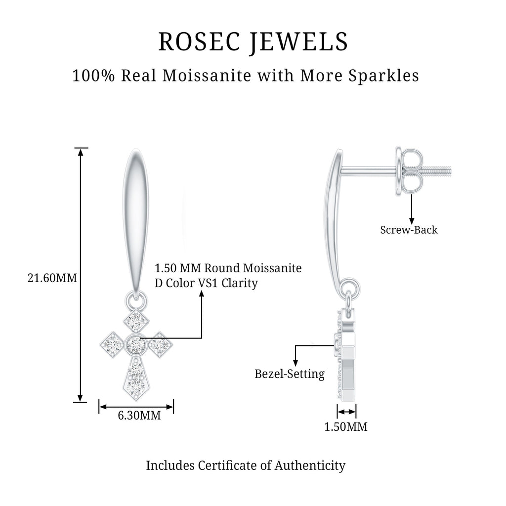 Minimalist Moissanite Cross Drop Earrings in Sterling Silver